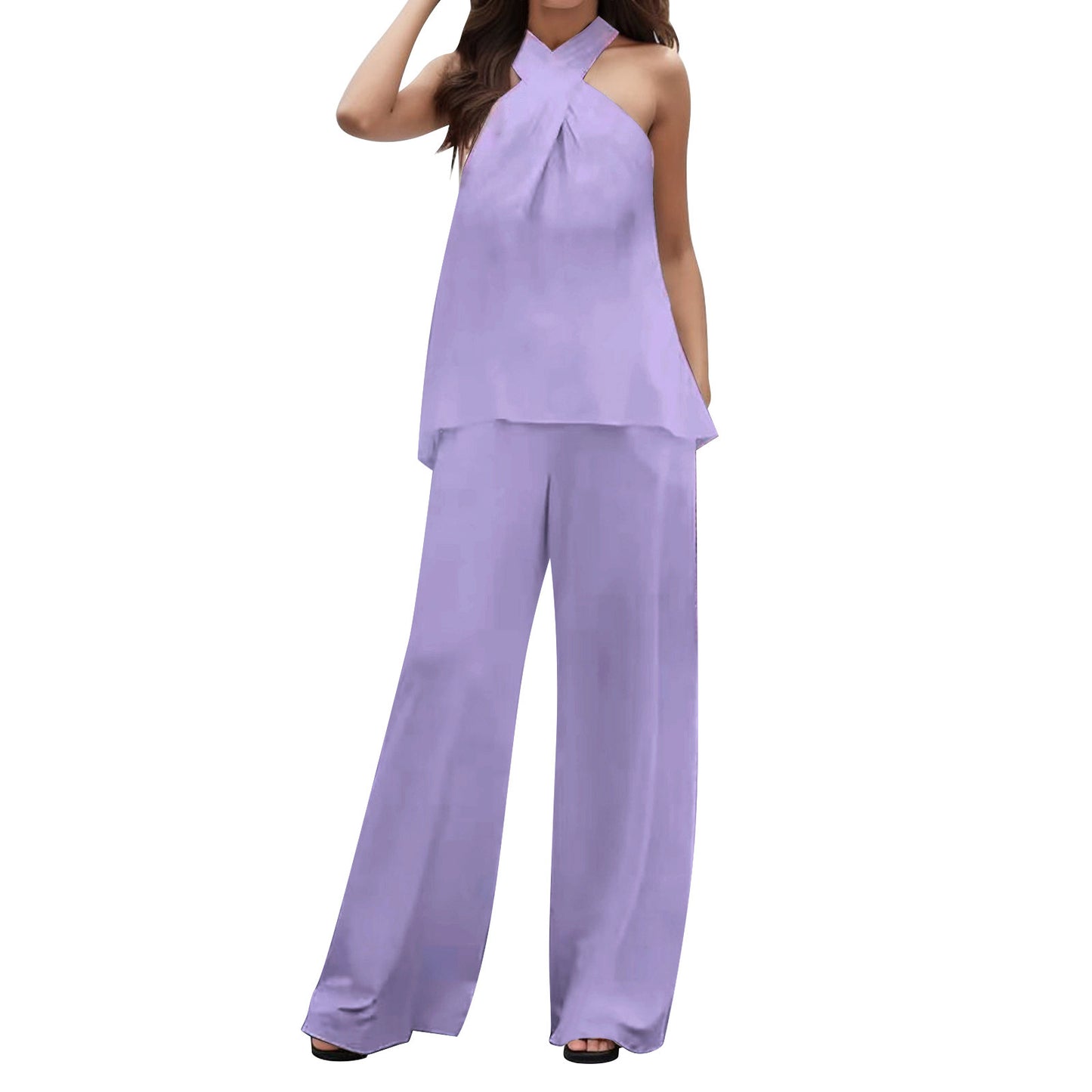 Pure Color Halter Sleeveless V-neck Top Elastic Waist Wide Leg Pants apparel & accessories