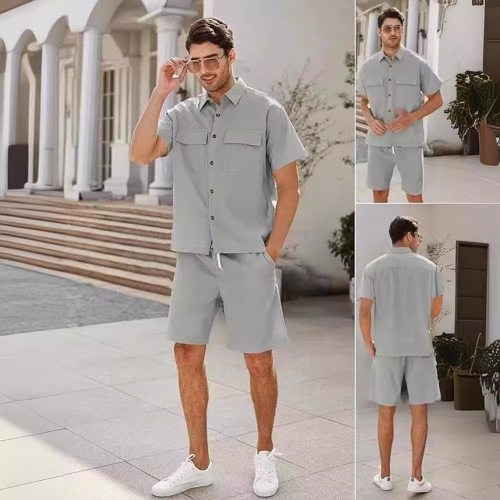Summer Suits Men Short Sleeve Lapel Pockets Shirt And Drawstring Shorts Sports Fashion Leisure Men's Clothing apparel & accessories
