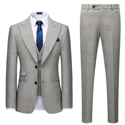 Slim Fit Business Casual Gray Lattice Pattern Three-piece Suit men's clothing