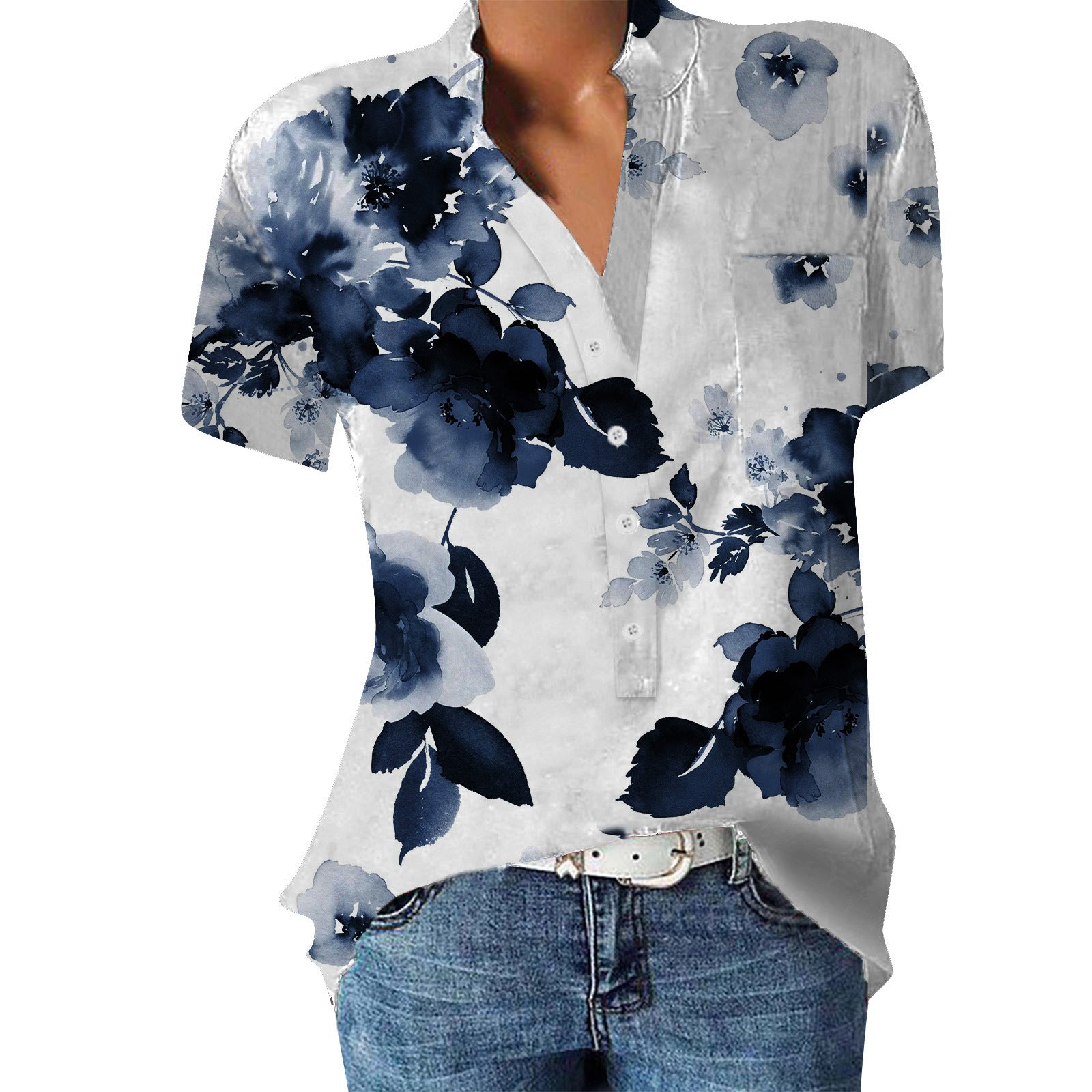 Women's V-neck Floral Print Short-sleeved Shirt apparel & accessories