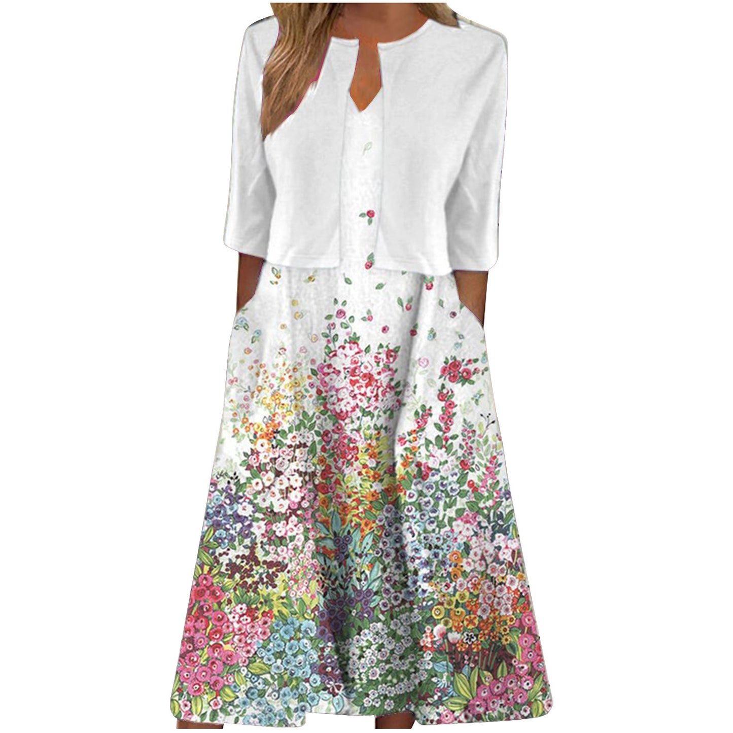 Ethnic Style Elegant Floral Print Vest Dress Cardigan Two-piece Set apparel & accessories