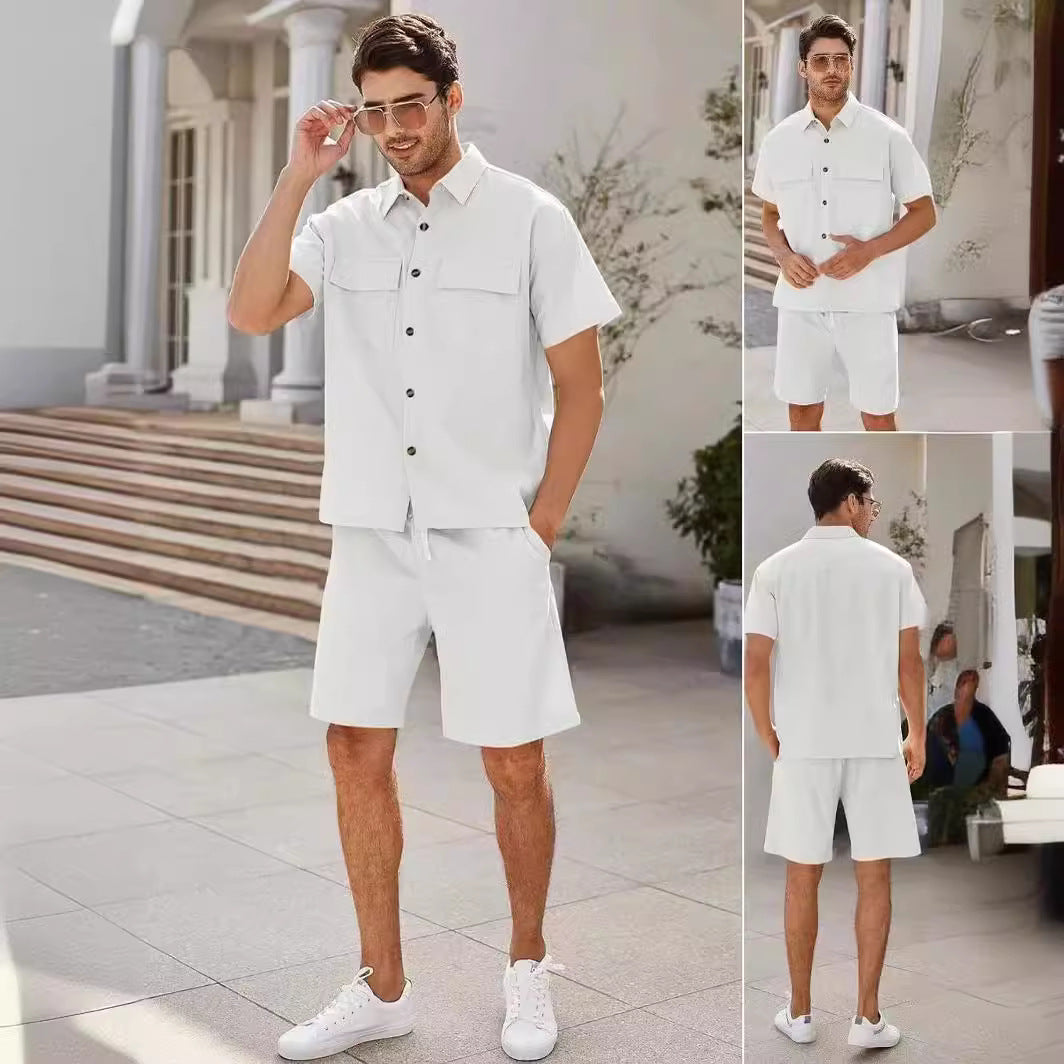 Summer Suits Men Short Sleeve Lapel Pockets Shirt And Drawstring Shorts Sports Fashion Leisure Men's Clothing apparel & accessories