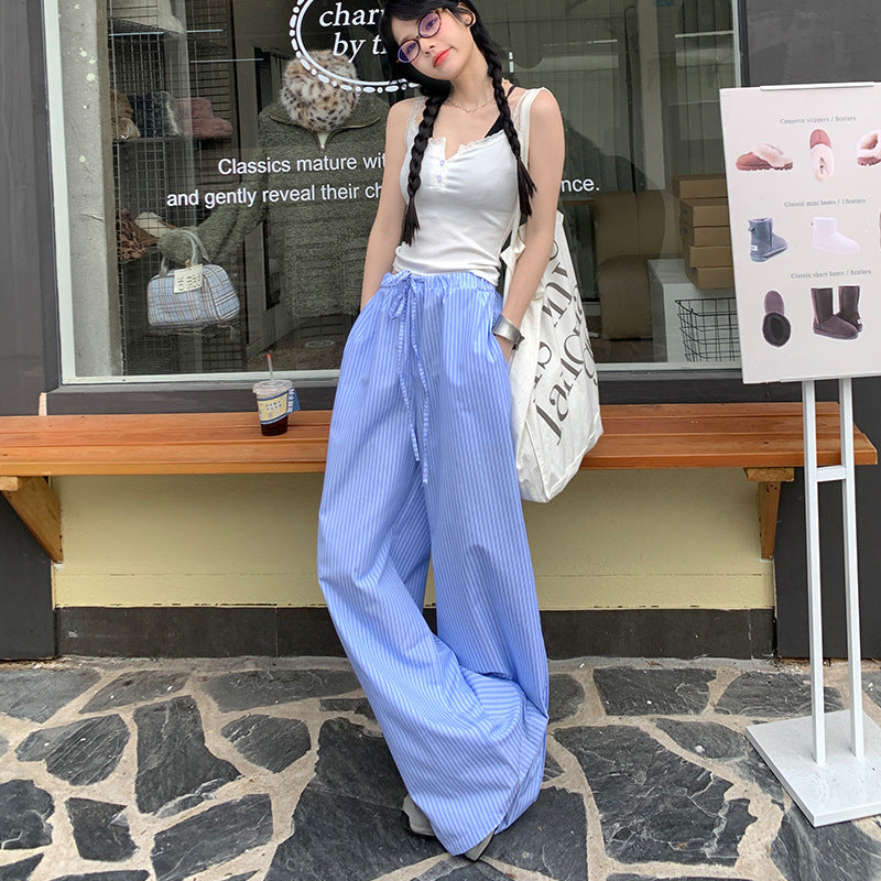 Blue Striped Casual Pants Women's Loose High Waist apparel & accessories