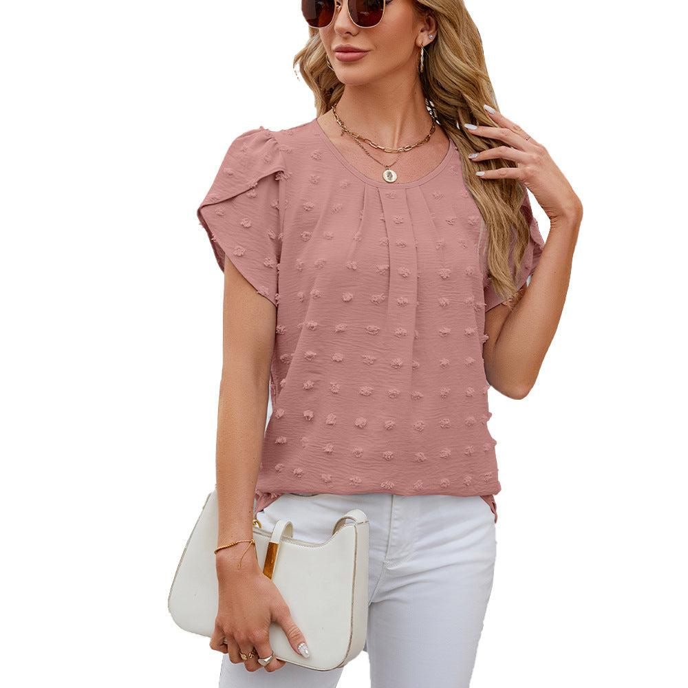 Jacquard Round Neck Petal Sleeve Solid Color Fur Ball Chiffon Shirt Top apparel & accessories