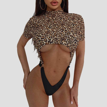 Leopard Print Color Matching Sexy Backless Siamese Bikini apparel & accessories