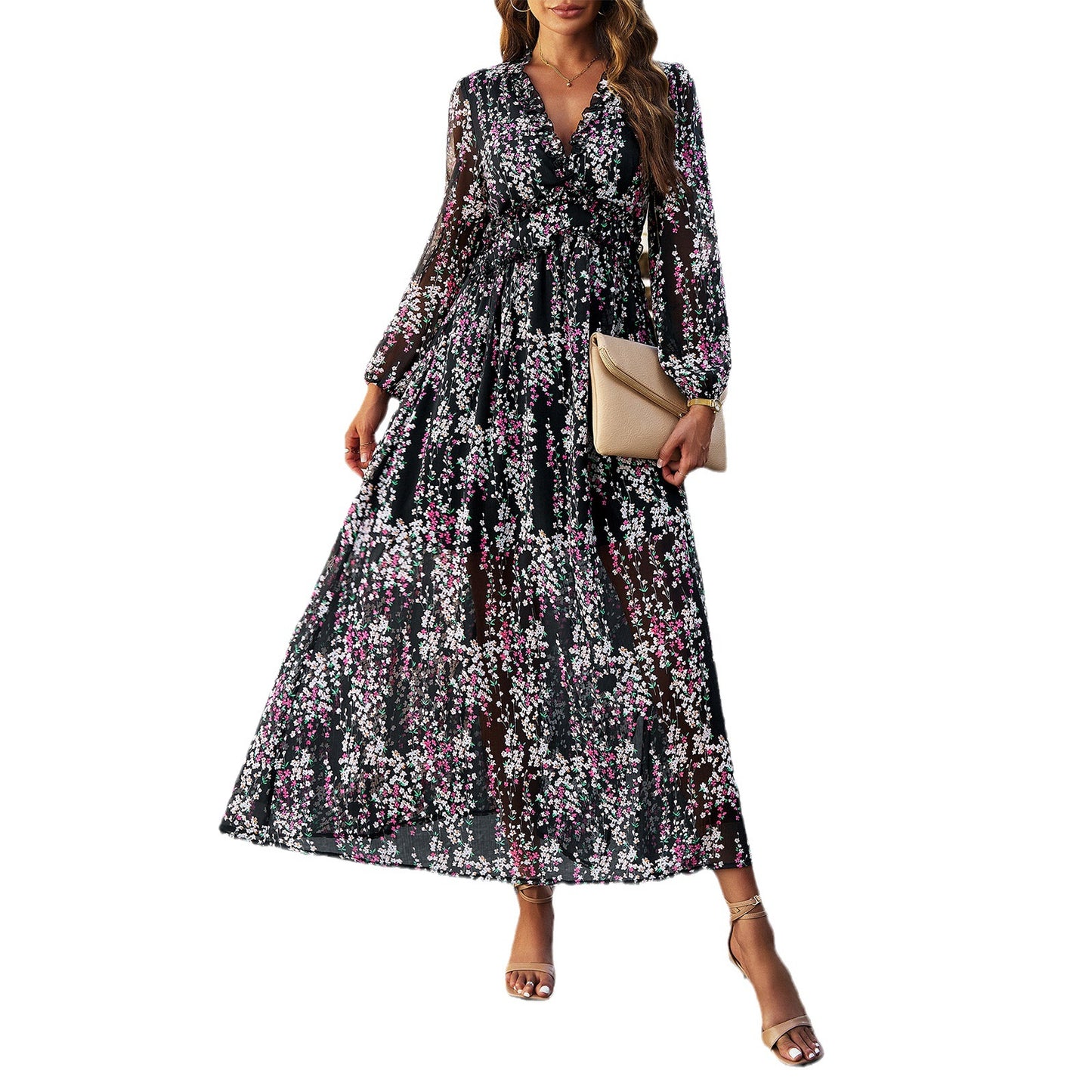 Women's Fashion V-neck Long Sleeve Chiffon Dress apparels & accessories