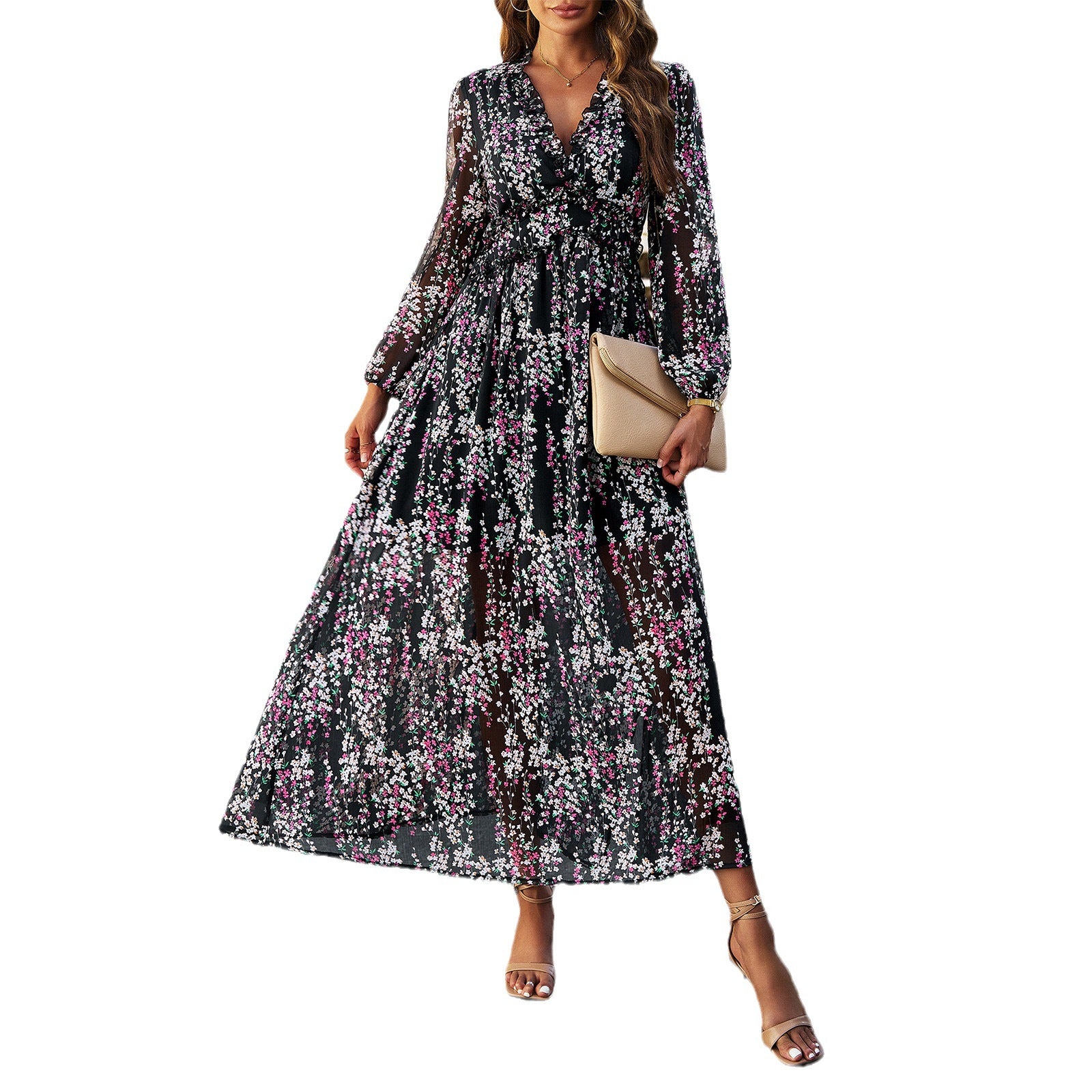 Women's Fashion Casual V-neck Long Sleeve Chiffon Dress apparels & accessories