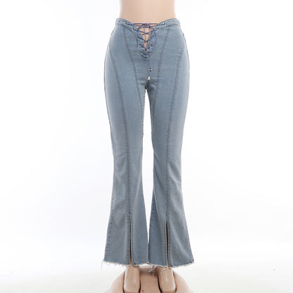 Women's High Waist Lace-up Cutout Split Jeans apparel & accessories