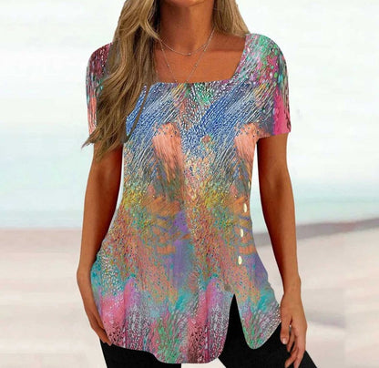 Cross-border New Print Short Sleeve Irregular Button Split Printed Women's T-shirt apparel & accessories