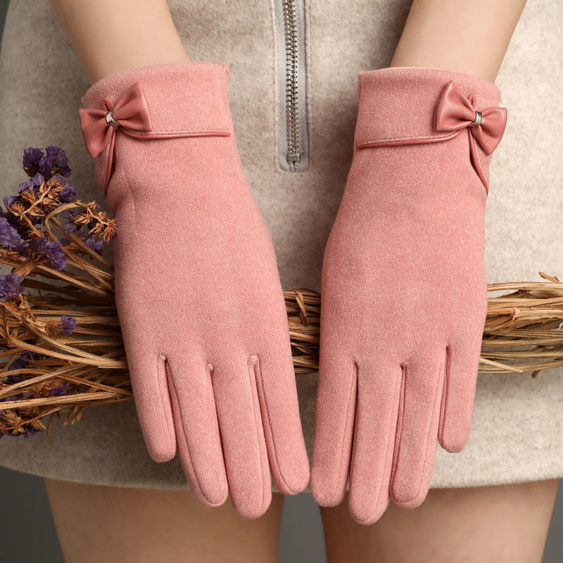 Fleece-lined De Suede Bow Gloves Touch Screen Warm Outdoor All-matching apparels & accessories