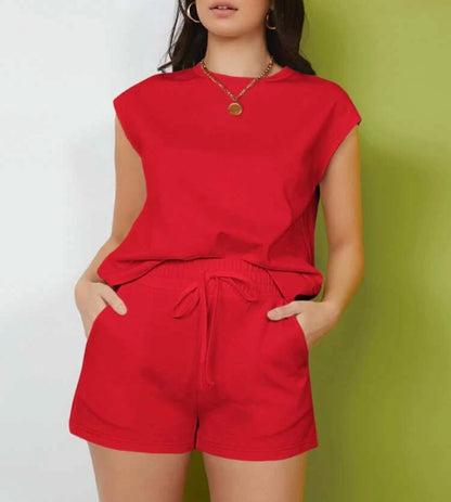 Women's Casual Sleeveless Solid Color Loose High Waist Shorts Two-piece Set apparel & accessories