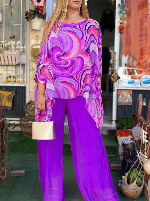 Summer New Colorful Chiffon Suit Casual Round Neck Printed Two-piece Suit apparel & accessories