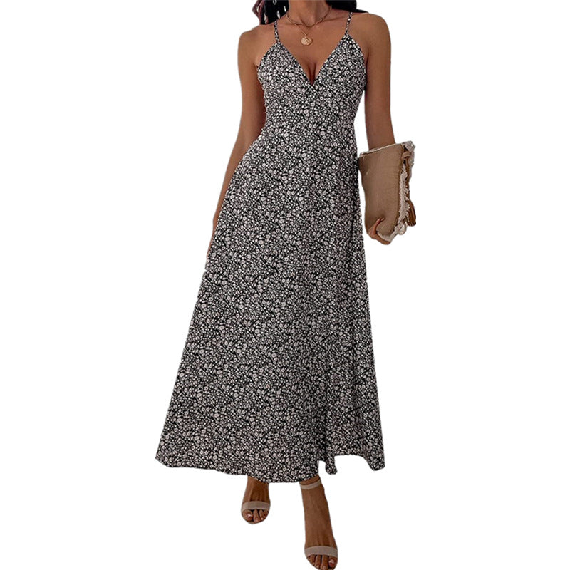 Summer European And American Women's Clothing Printed Sling Backless Casual Long Dress apparel & accessories