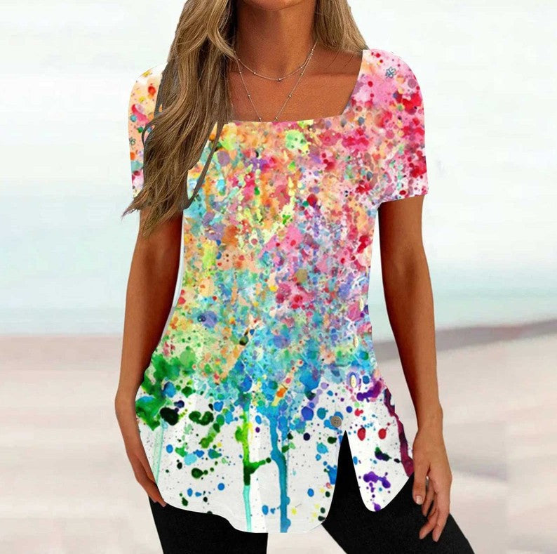 Cross-border New Print Short Sleeve Irregular Button Split Printed Women's T-shirt apparel & accessories