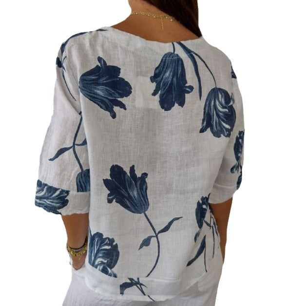 Pattern Print Cotton And Linen V-neck Short Sleeve Pullover Shirt apparel & accessories