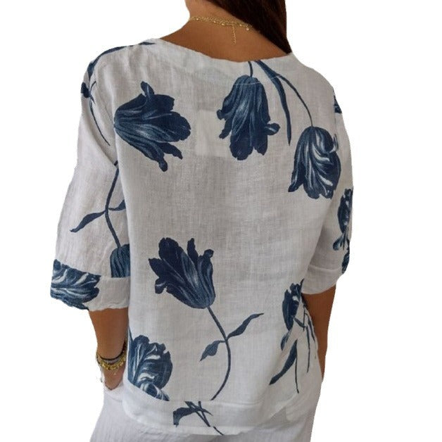 Pattern Print V-neck Short Sleeve Pullover Shirt apparel & accessories