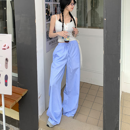 Blue Striped Casual Pants Women's Loose High Waist apparel & accessories