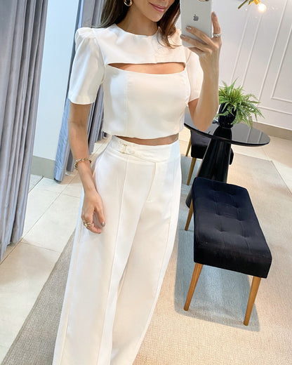 Women's White Short Sleeve Chest Hollow Out Top Suit apparel & accessories