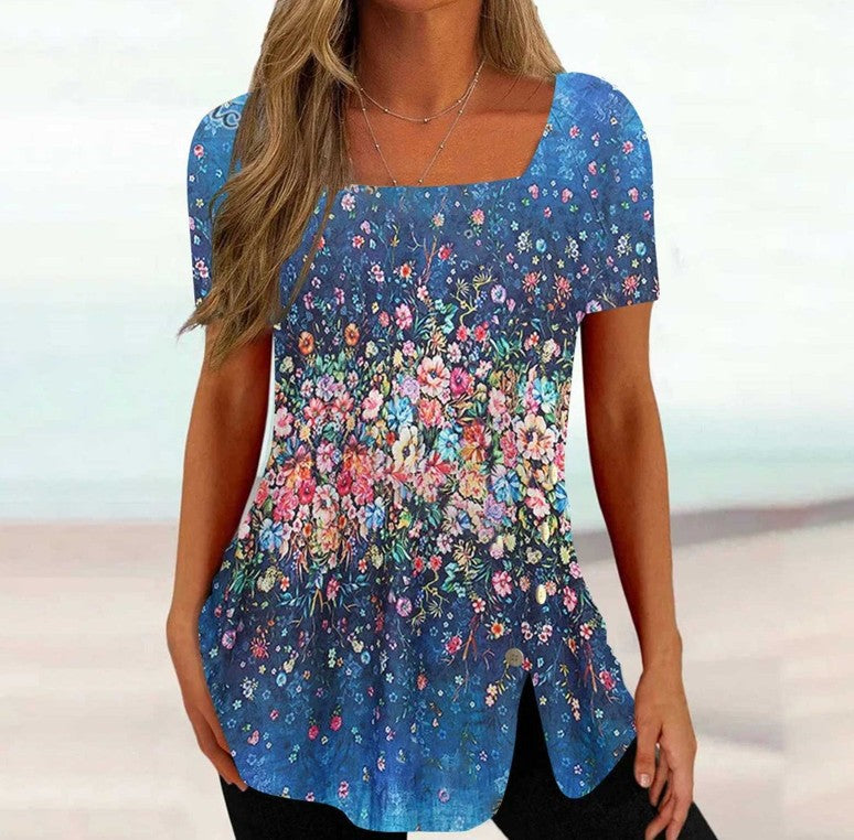 Cross-border New Print Short Sleeve Irregular Button Split Printed Women's T-shirt apparel & accessories