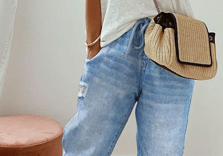 All-match Solid Color Drawstring Wash Denim Trousers For Women apparel & accessories