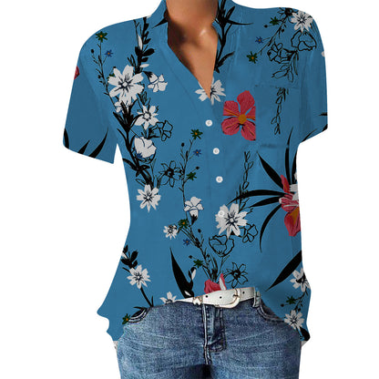 Women's V-neck Floral Print Short-sleeved Shirt apparel & accessories