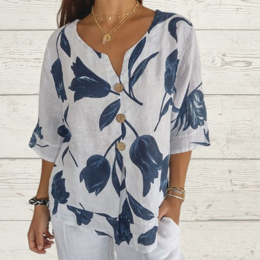 Pattern Print Cotton And Linen V-neck Short Sleeve Pullover Shirt apparel & accessories