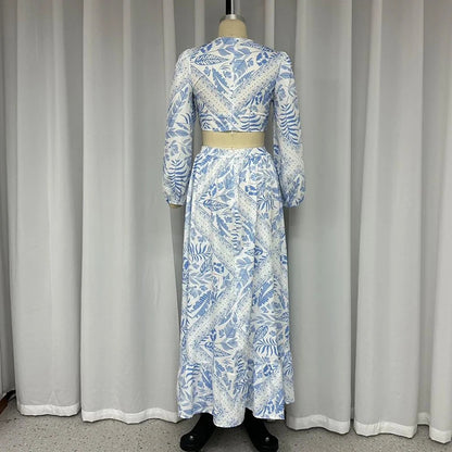 Fashion Printed Hollow Out See-through Long Sleeve Dress apparel & accessories