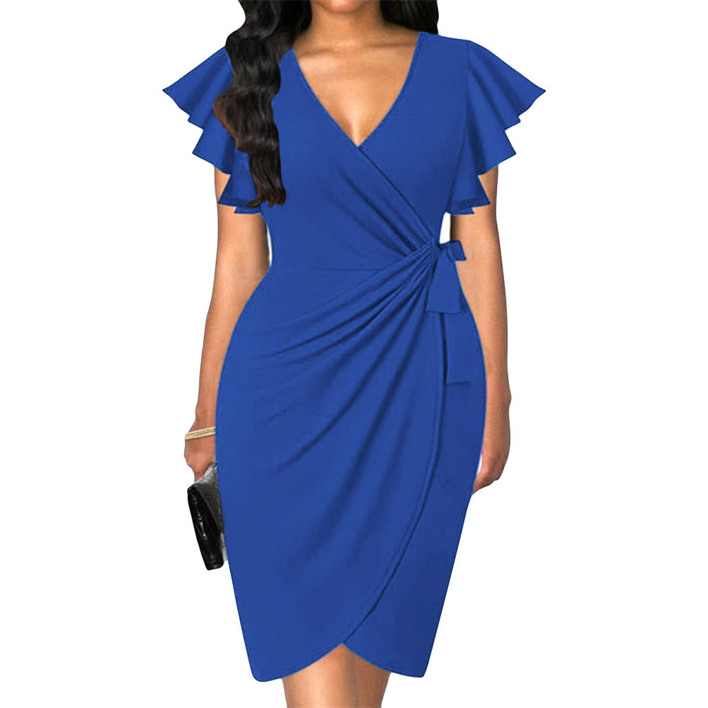 V-neck Tight Waist Pleating Bell Sleeve Sheath Dress Women apparel & accessories