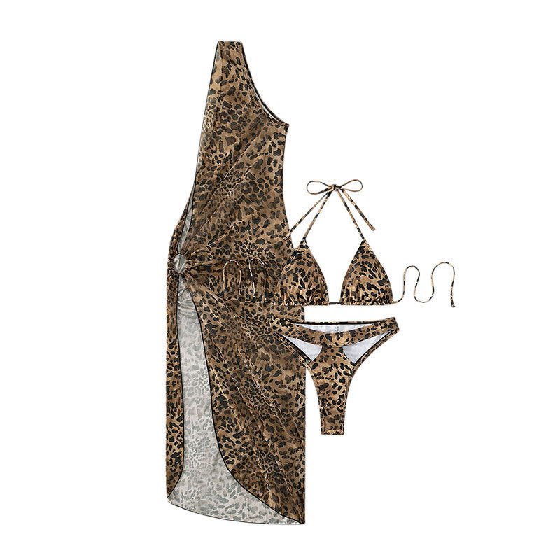 Women's Halter Lace-up Leopard Print Dress Three-piece Set apparel & accessories