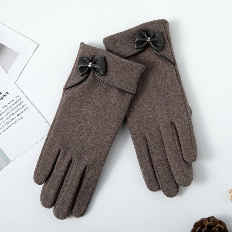 Fleece-lined De Suede Bow Gloves Touch Screen Warm Outdoor All-matching apparels & accessories