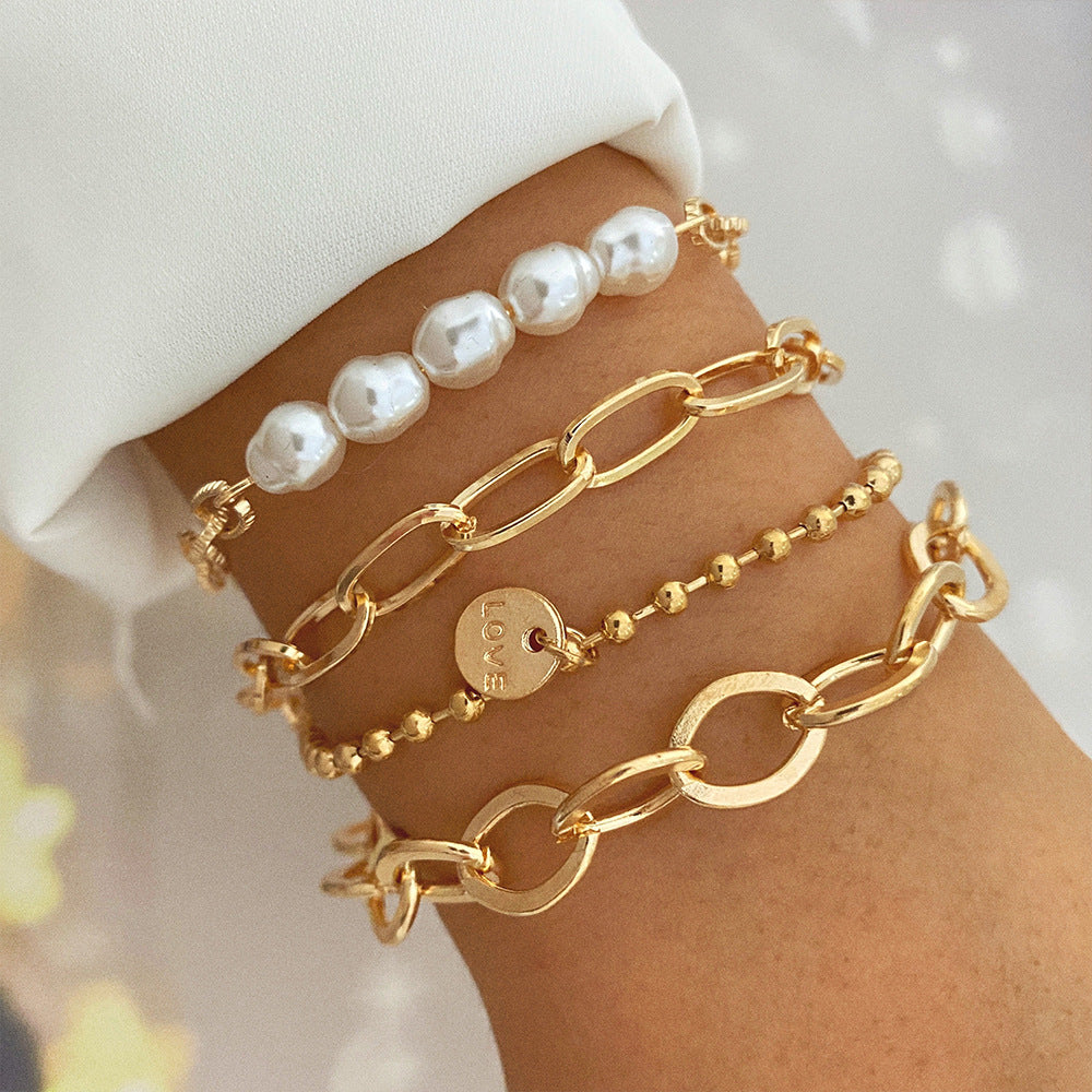 Creative Heart Pearl Multi-layer Chain OT Bracelet Suit Jewelry