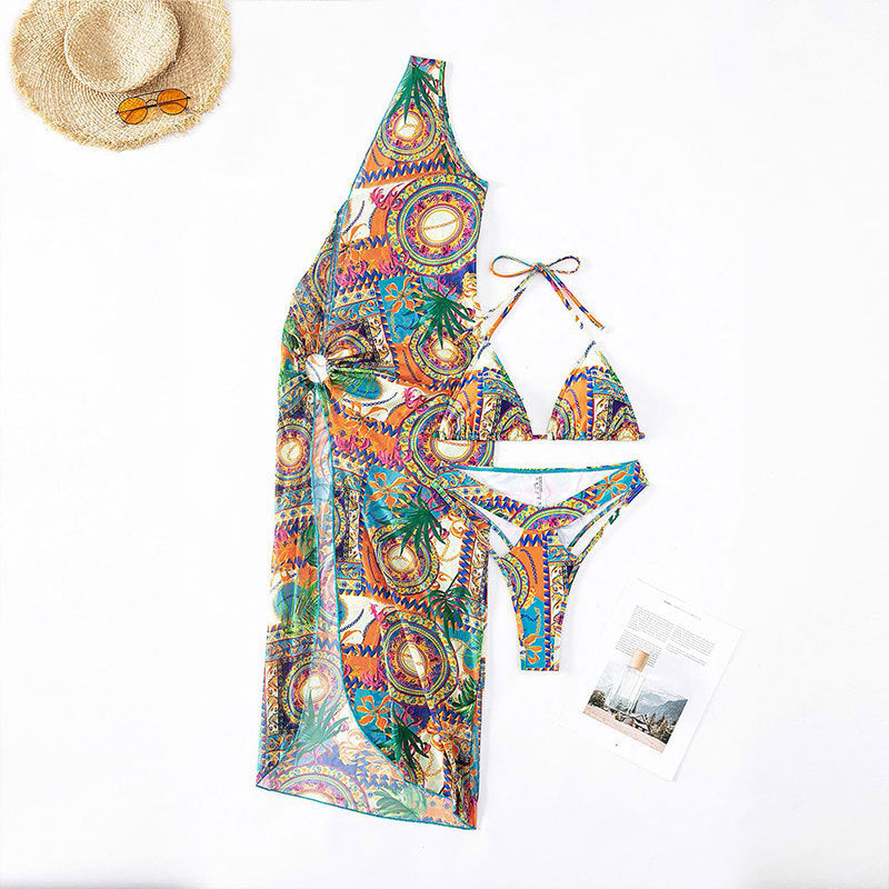 Printed One-shoulder Beach Dress Swimsuit Three-piece Set apparel & accessories