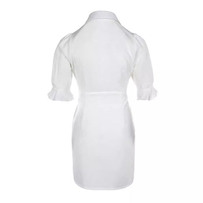 Elegant Pure Color Slimming Tight Waist Petal Sleeve Shirt A- Line Skirt Dresses & Tops