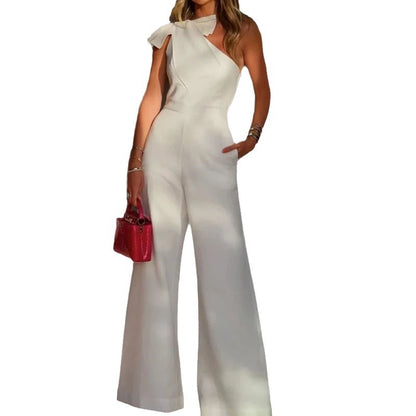 Slant Shoulder Collar Waist Solid Color Wide Leg Jumpsuit Women apparel & accessories