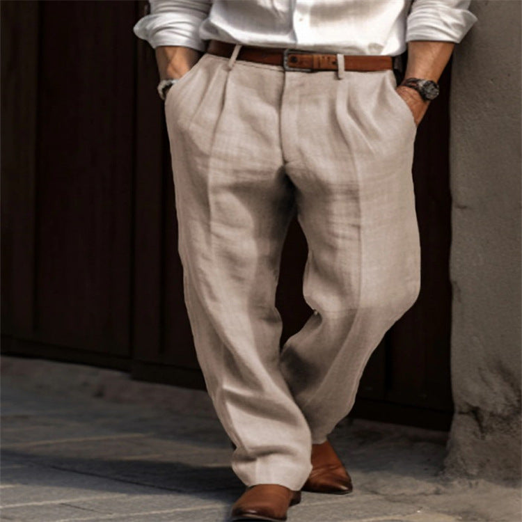 Men's Linen Trousers Double Pleated Front Pocket Straight Pure Color Comfort Breathable Casual apparel & accessories