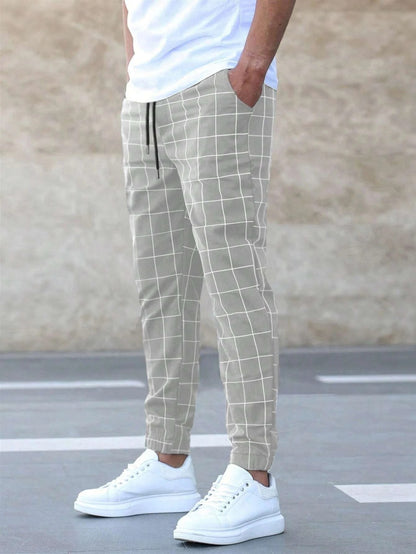Fashion Plaid Print Pants Men's Casual Drawstring Trousers apparels & accessories