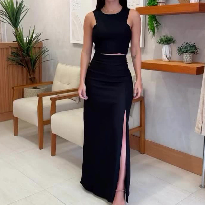 Solid Color Round Neck Sleeveless Top High Waist Slit Skirt Suit apparel & accessories