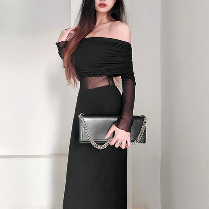 Off-shoulder Pleated Long Sleeve Dress apparels & accessories