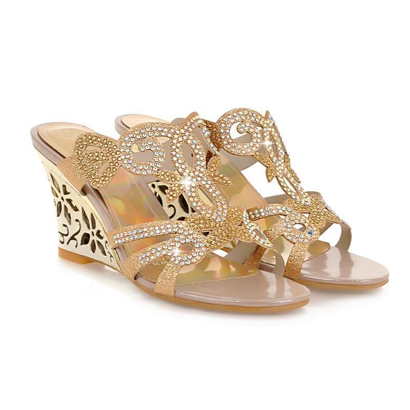 Wedge Sandals Peep Toe Slip-on Rhinestone Shoes & Bags