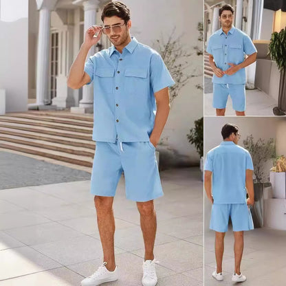 Summer Suits Men Short Sleeve Lapel Pockets Shirt And Drawstring Shorts Sports Fashion Leisure Men's Clothing apparel & accessories