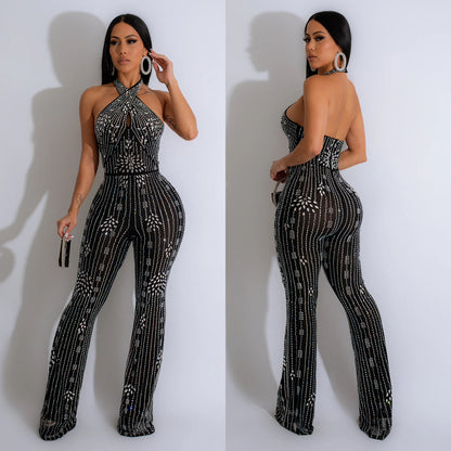 Wear Solid Color Rhinestone Sleeveless Halter Trousers Jumpsuit apparels & accessories