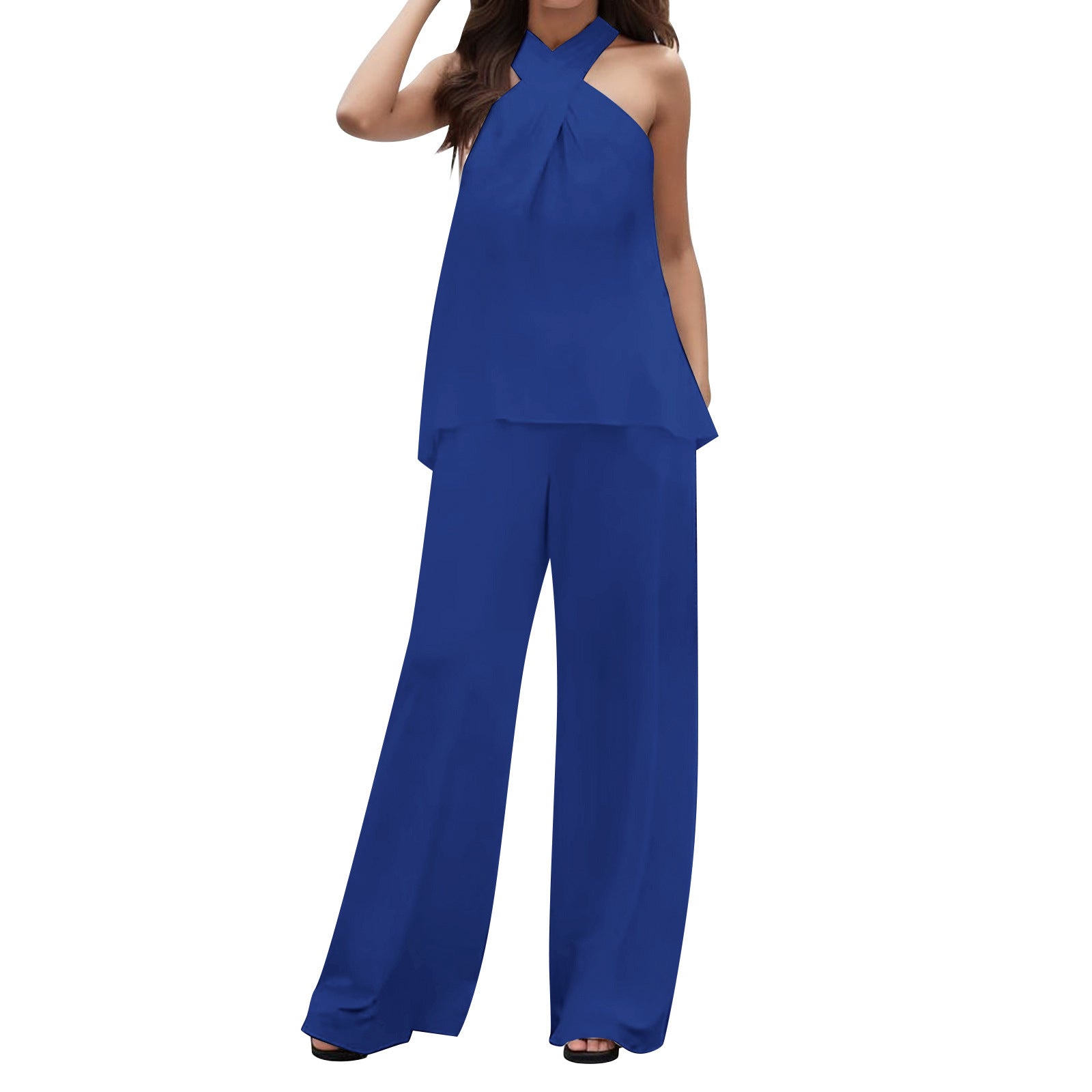 Pure Color Halter Sleeveless V-neck Top Elastic Waist Wide Leg Pants apparel & accessories