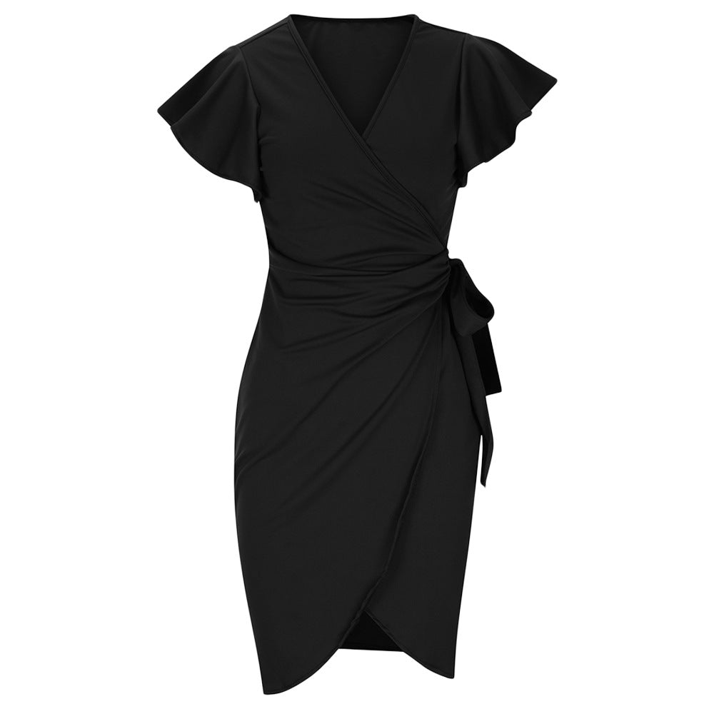 V-neck Tight Waist Pleating Bell Sleeve Sheath Dress Women apparel & accessories