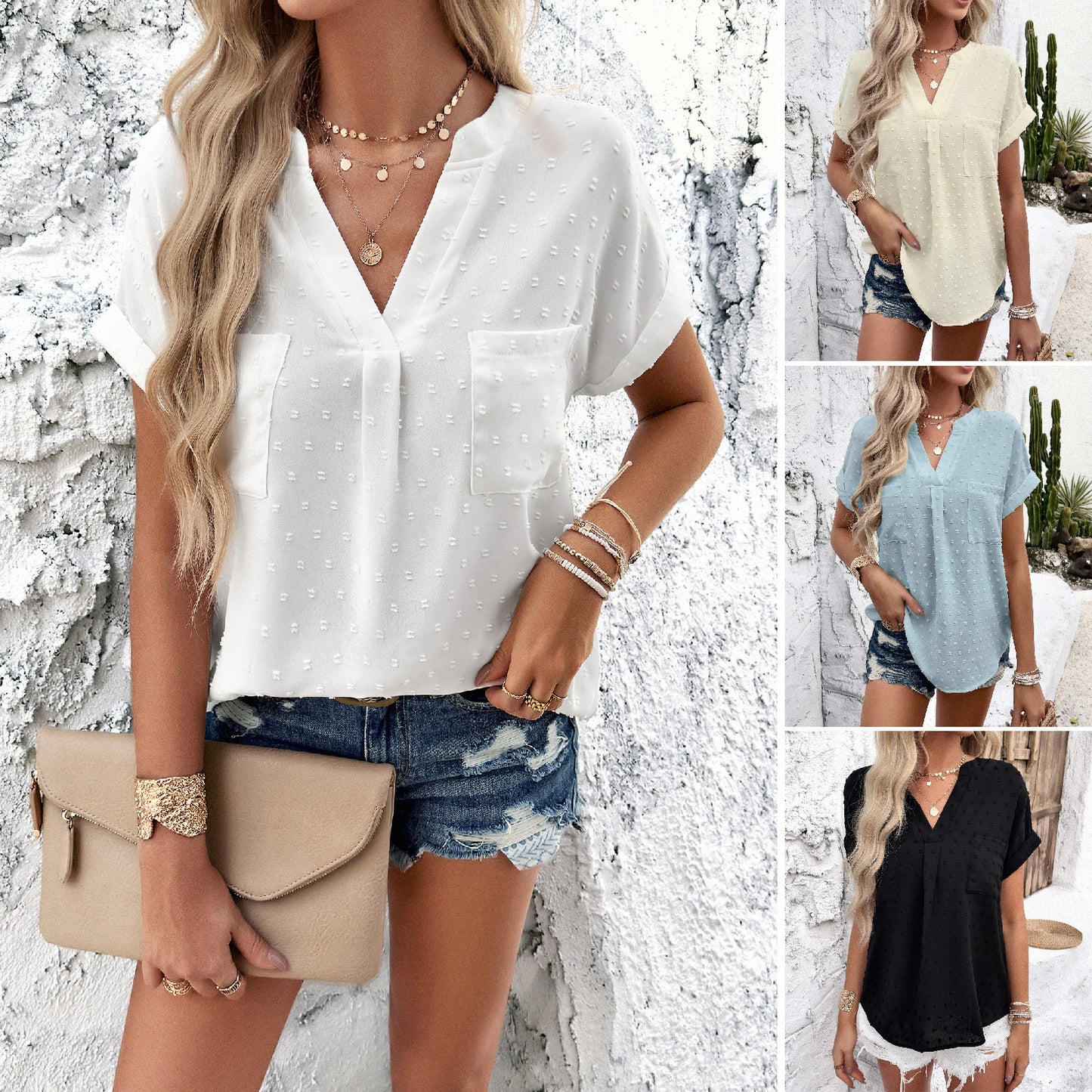 Women's Solid Color Short Sleeve V-neck Shirt apparel & accessories