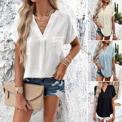 Women's Solid Color Short Sleeve V-neck Shirt apparel & accessories