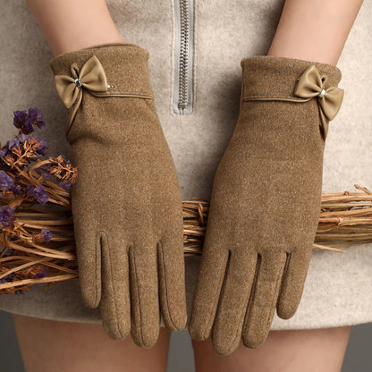 Fleece-lined De Suede Bow Gloves Touch Screen Warm Outdoor All-matching apparels & accessories