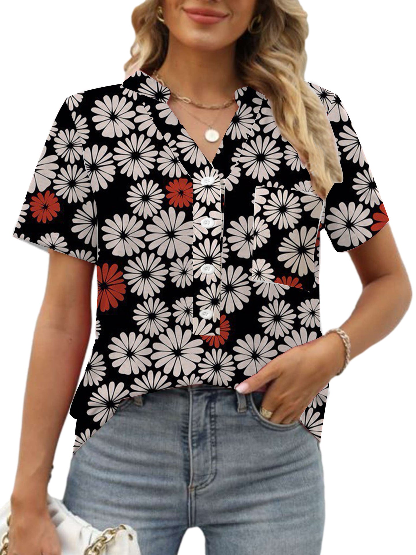 Women's V-neck Floral Print Short-sleeved Shirt apparel & accessories