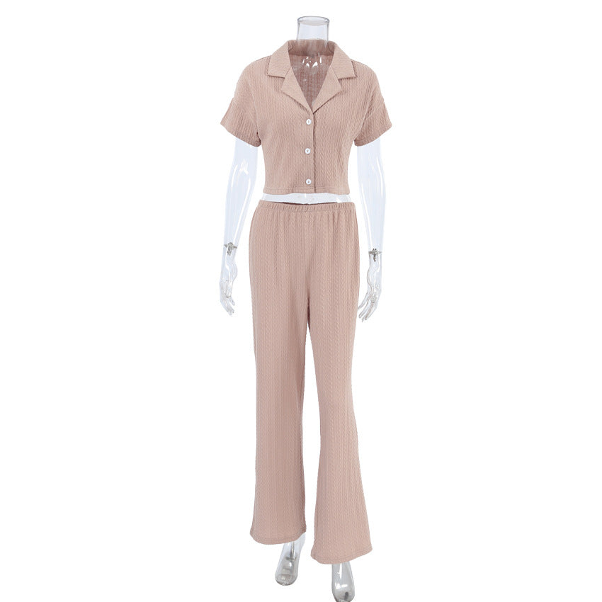 Women's Fashionable Simple Solid Color Short-sleeved Trousers Pajamas Two-piece Set apparel & accessories