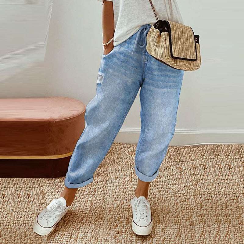 All-match Solid Color Drawstring Wash Denim Trousers For Women apparel & accessories