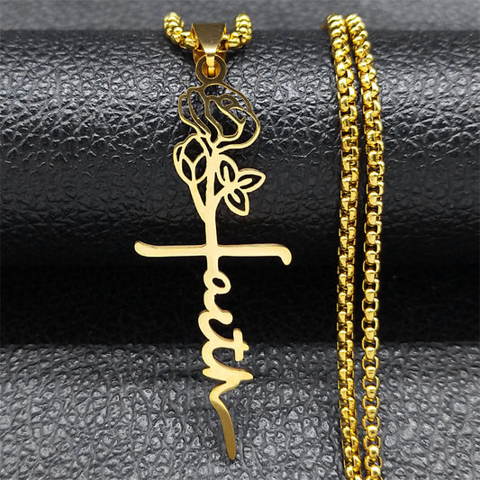 Cross Rose Necklace 18K Gold Jewelry